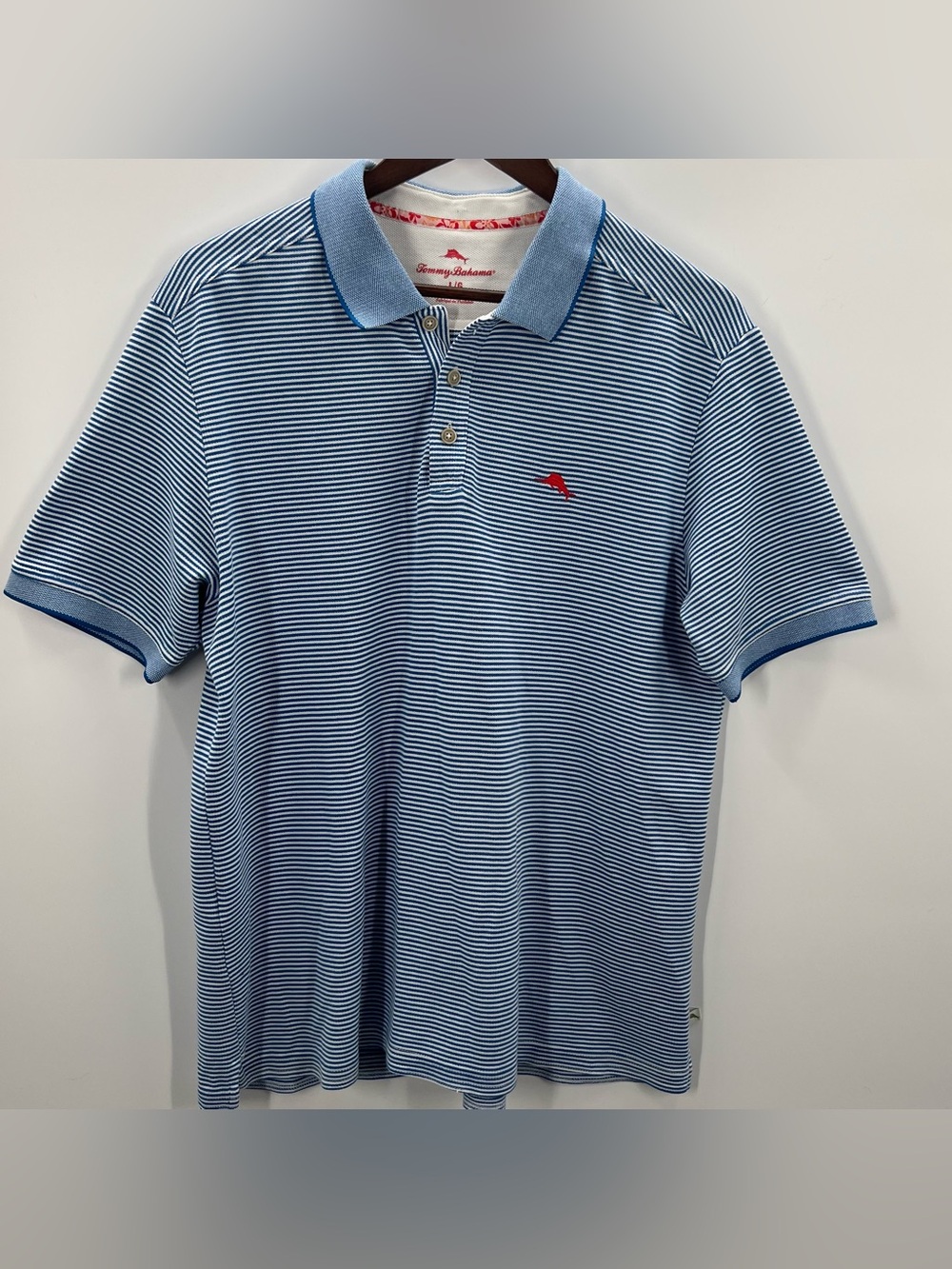 338 Tommy Bahama Light Blue and White Striped Polo with Red Logo